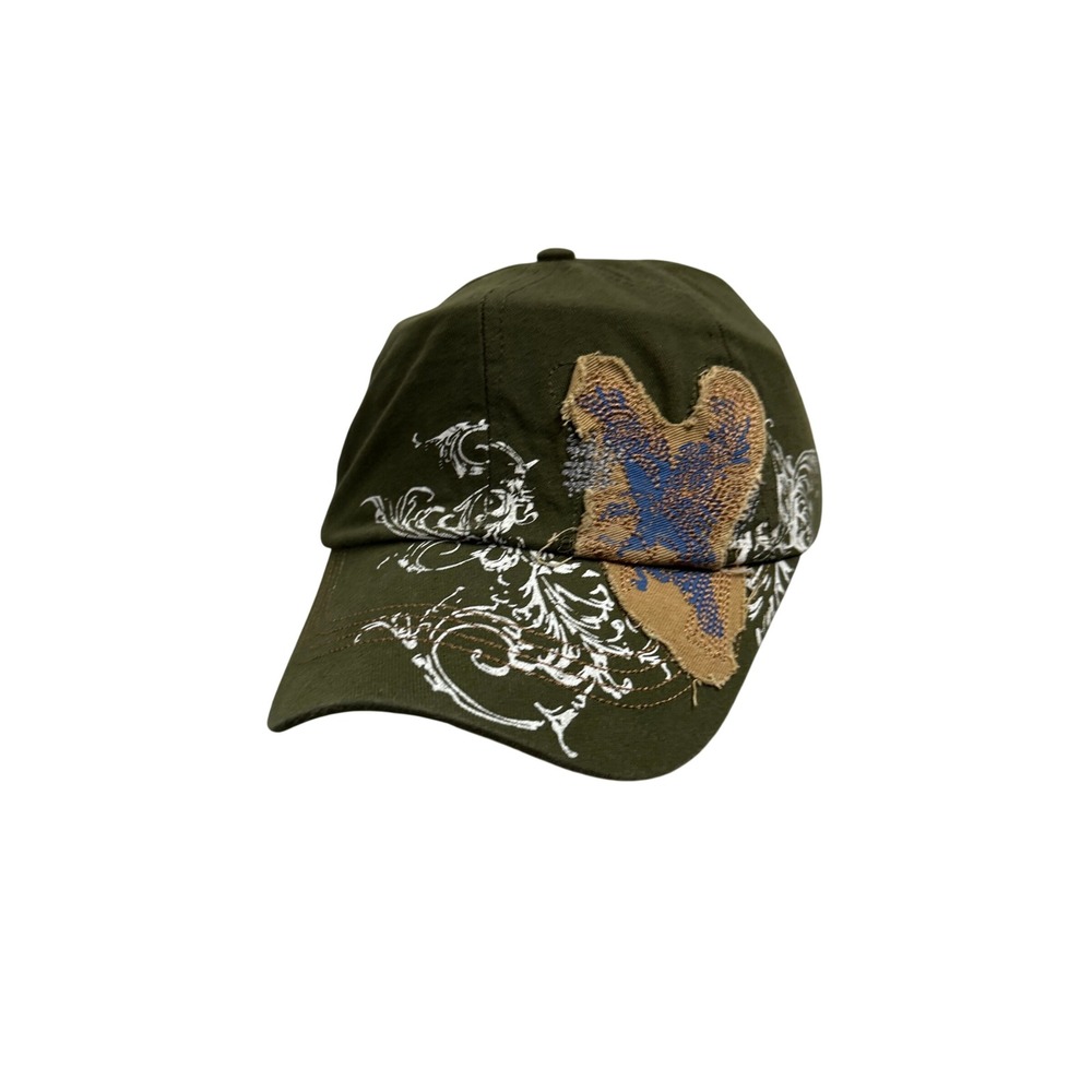 Baseball Cap Unisex OS Green Distressed Heart Embroidered Filigree Hat
